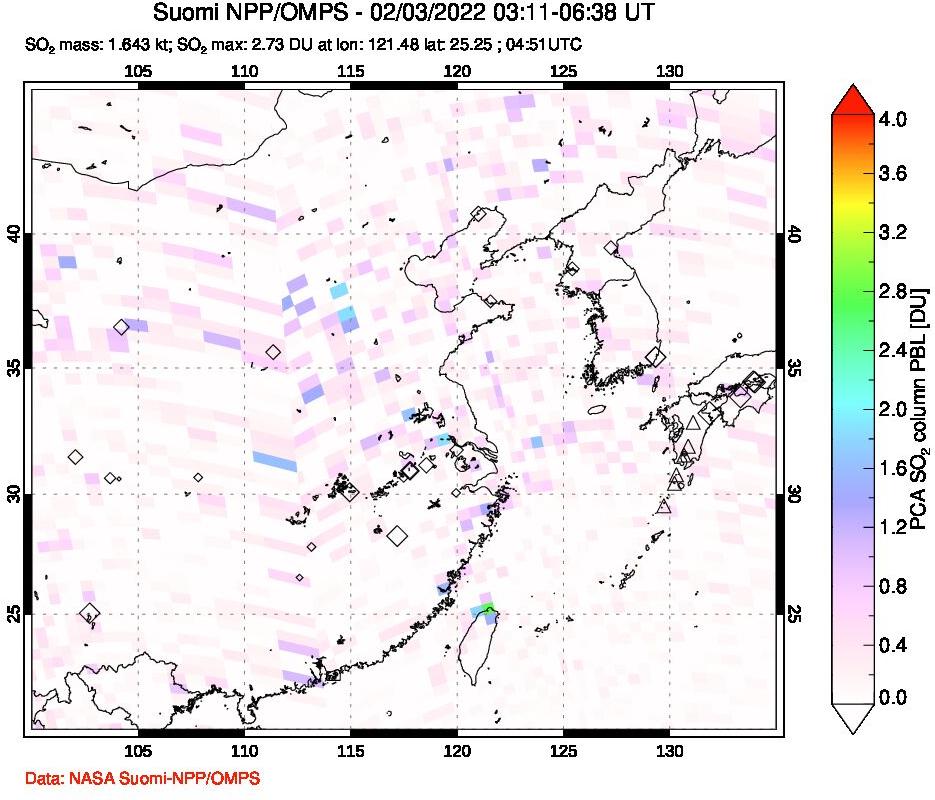 A sulfur dioxide image over Eastern China on Feb 03, 2022.