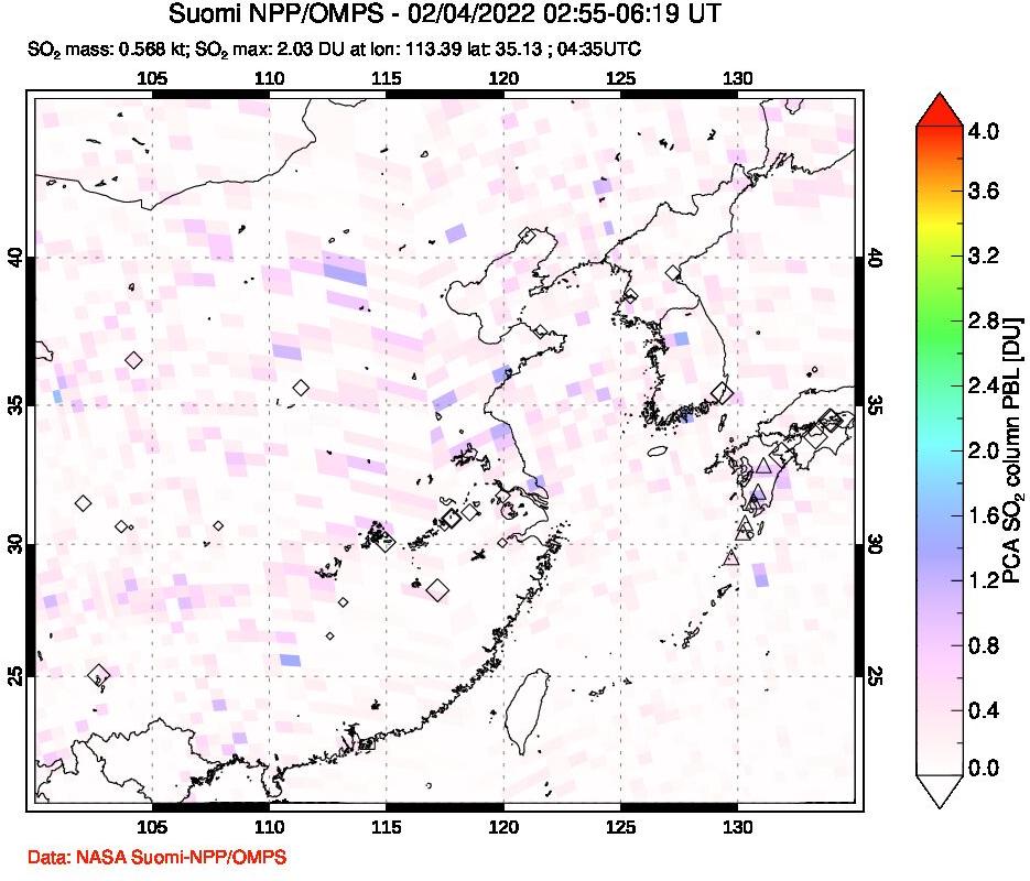 A sulfur dioxide image over Eastern China on Feb 04, 2022.