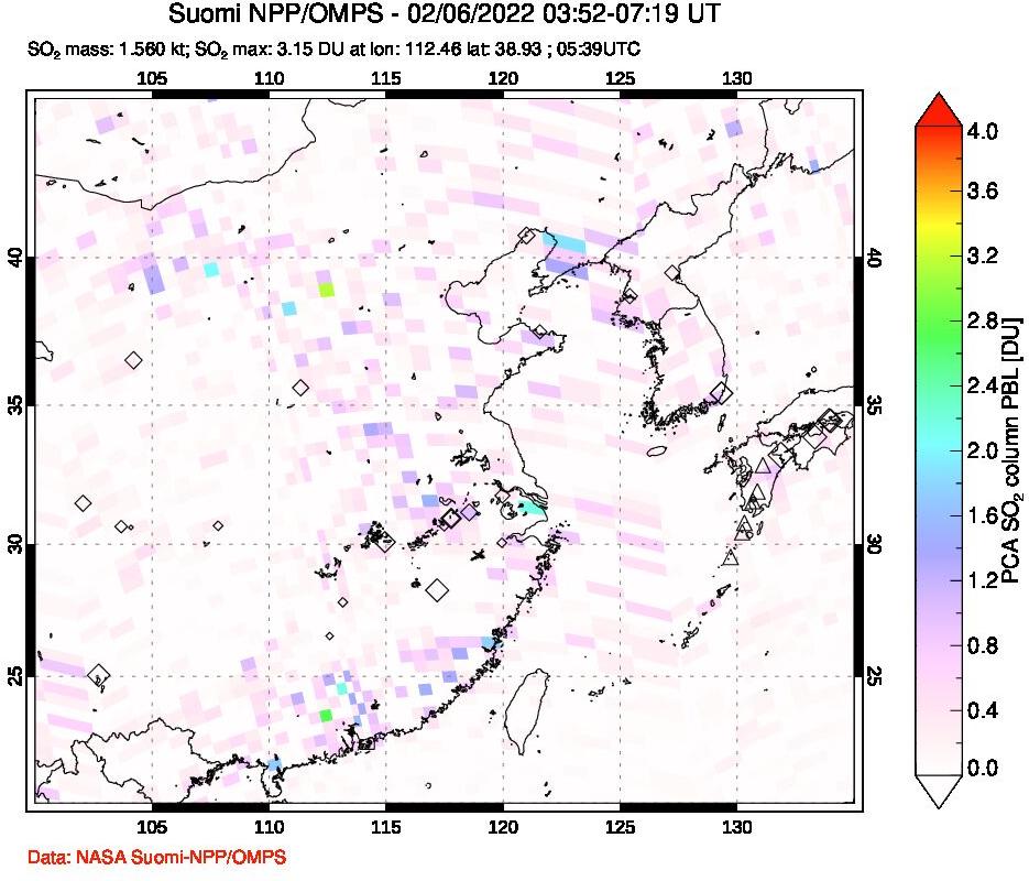 A sulfur dioxide image over Eastern China on Feb 06, 2022.