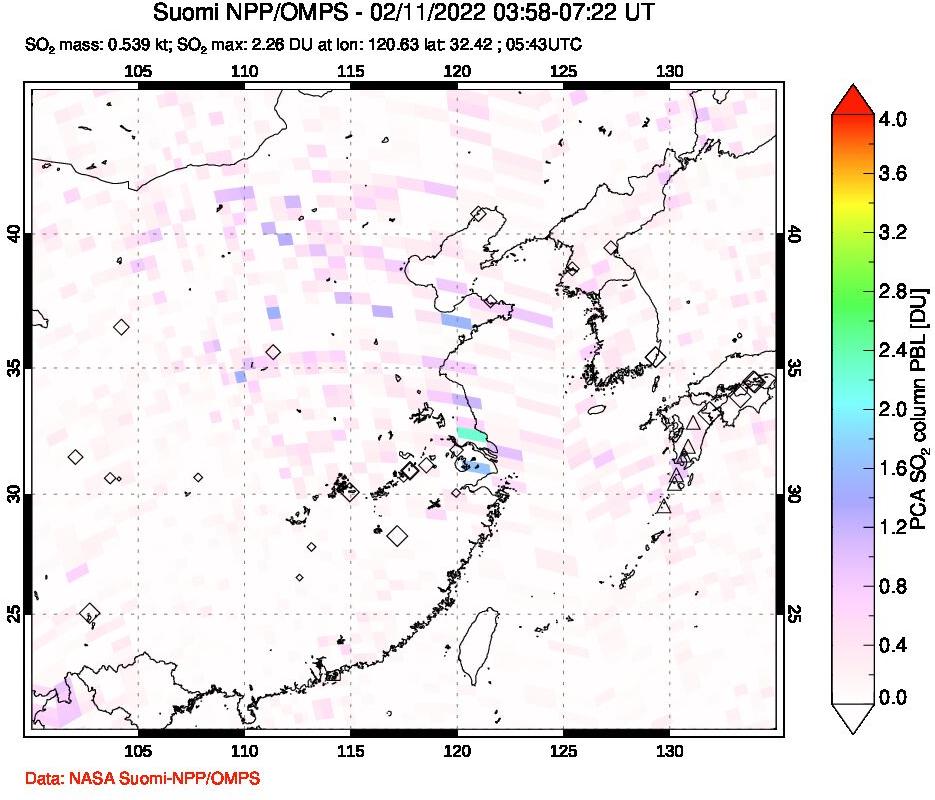 A sulfur dioxide image over Eastern China on Feb 11, 2022.