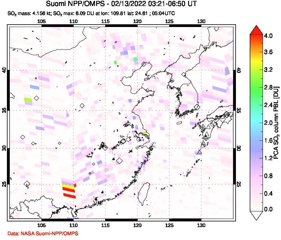 A sulfur dioxide image over Eastern China on Feb 13, 2022.