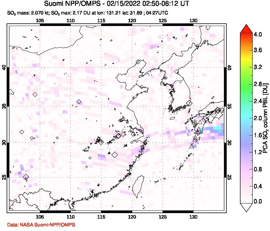 A sulfur dioxide image over Eastern China on Feb 15, 2022.