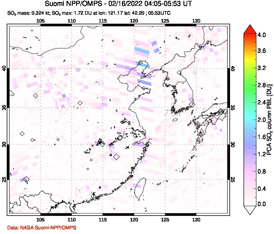 A sulfur dioxide image over Eastern China on Feb 16, 2022.