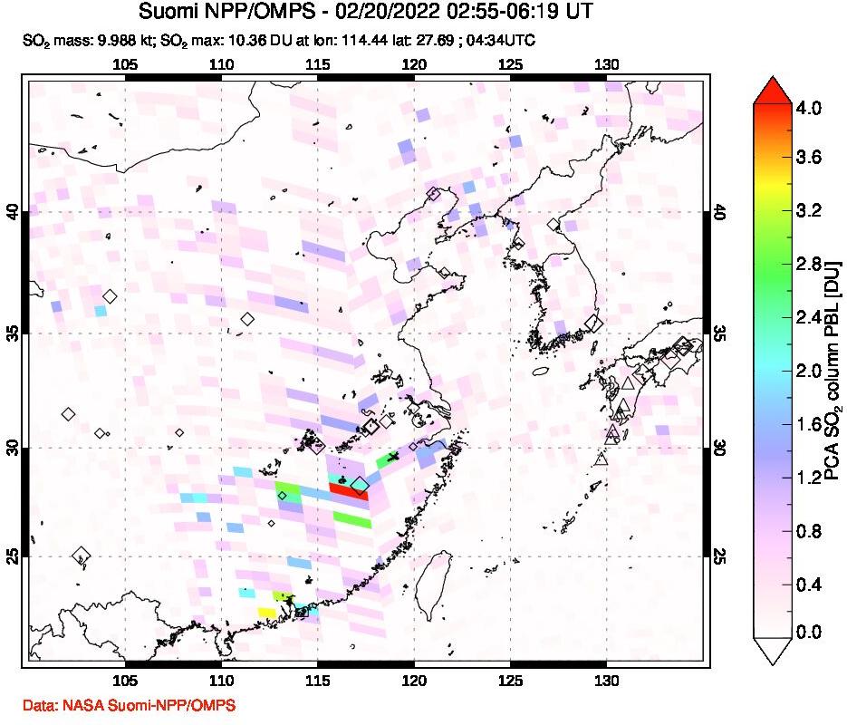 A sulfur dioxide image over Eastern China on Feb 20, 2022.