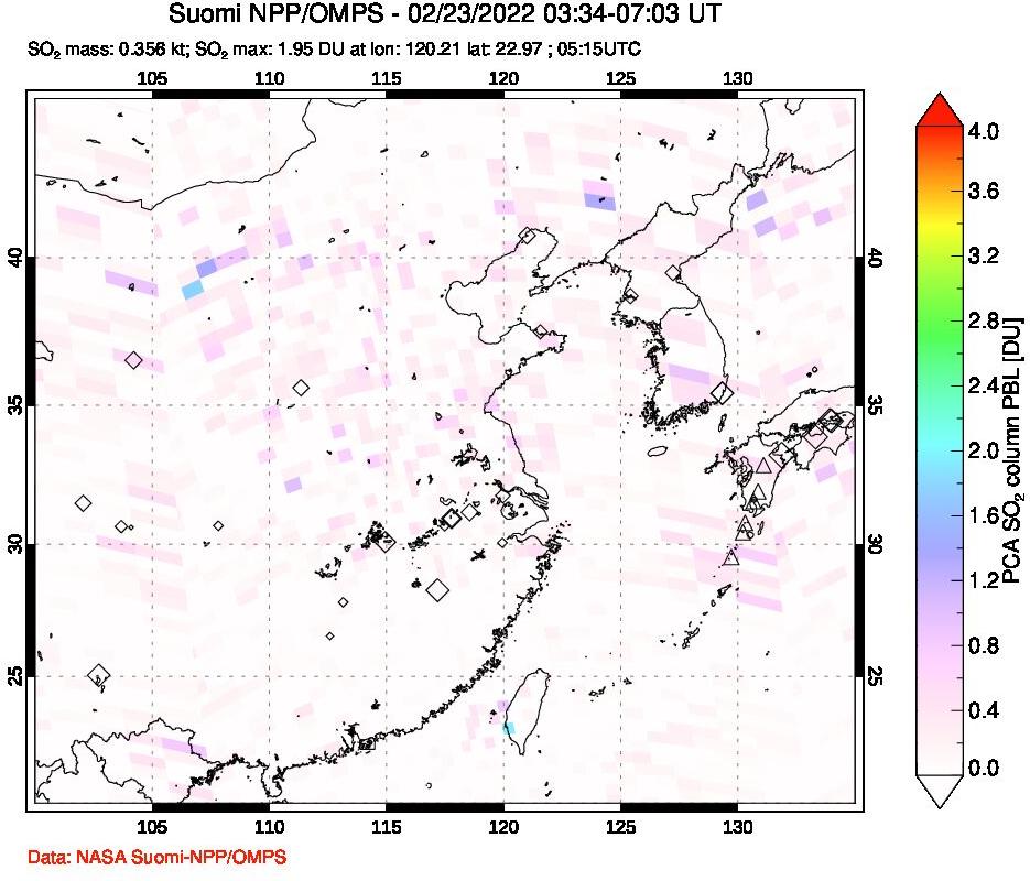 A sulfur dioxide image over Eastern China on Feb 23, 2022.