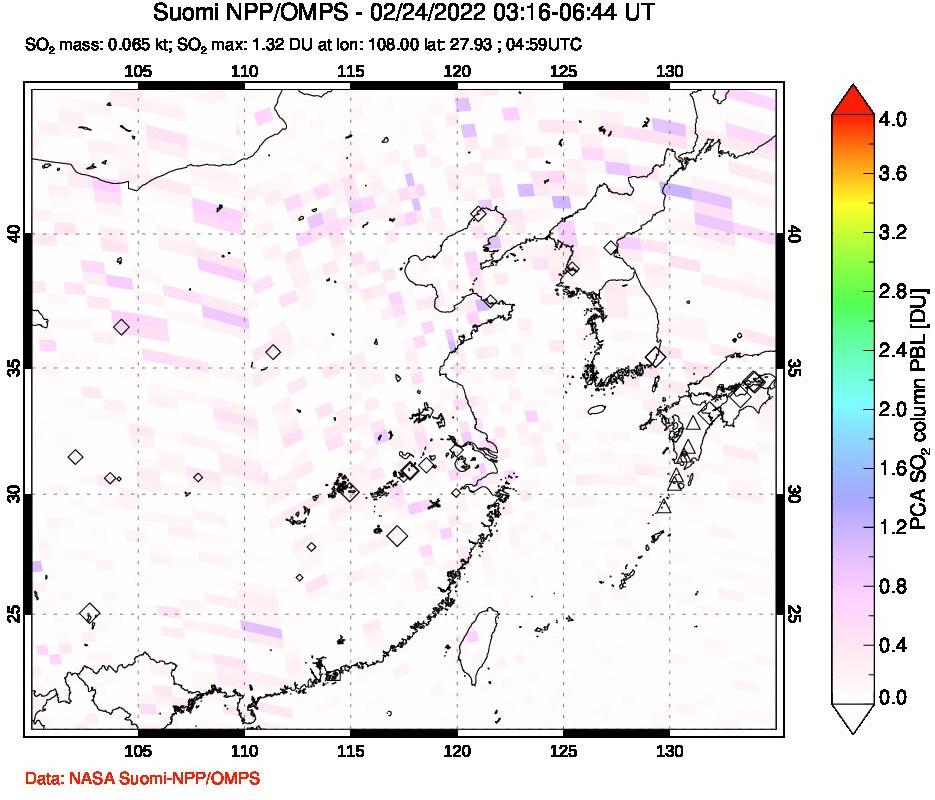 A sulfur dioxide image over Eastern China on Feb 24, 2022.