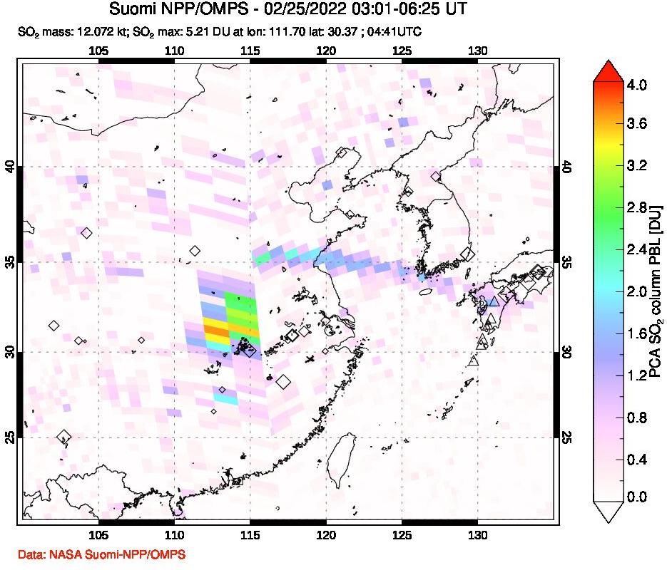 A sulfur dioxide image over Eastern China on Feb 25, 2022.