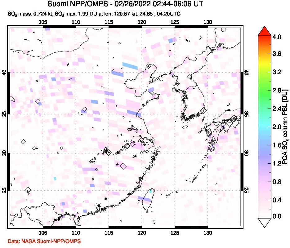 A sulfur dioxide image over Eastern China on Feb 26, 2022.