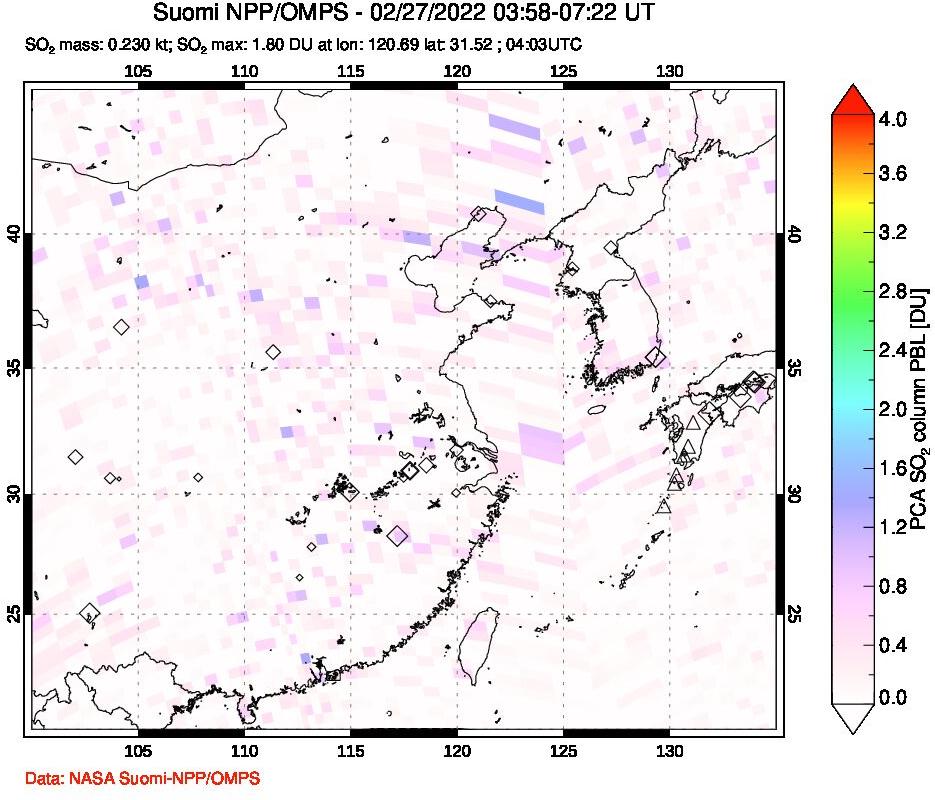 A sulfur dioxide image over Eastern China on Feb 27, 2022.