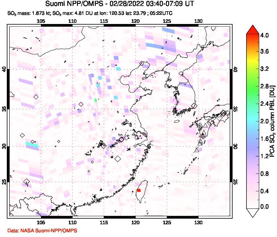 A sulfur dioxide image over Eastern China on Feb 28, 2022.