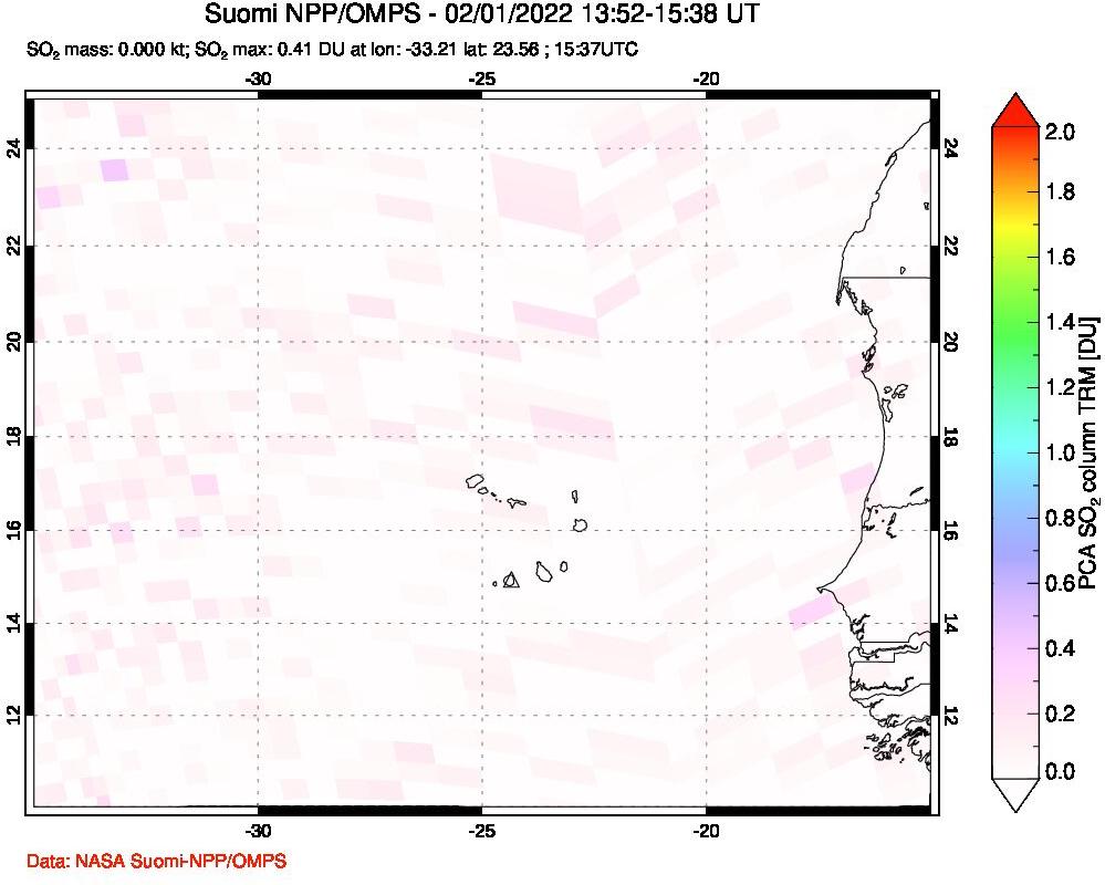 A sulfur dioxide image over Cape Verde Islands on Feb 01, 2022.