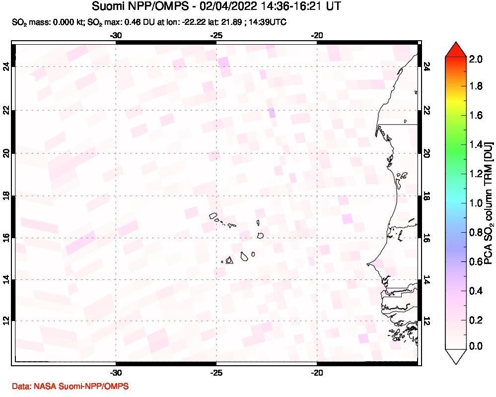 A sulfur dioxide image over Cape Verde Islands on Feb 04, 2022.