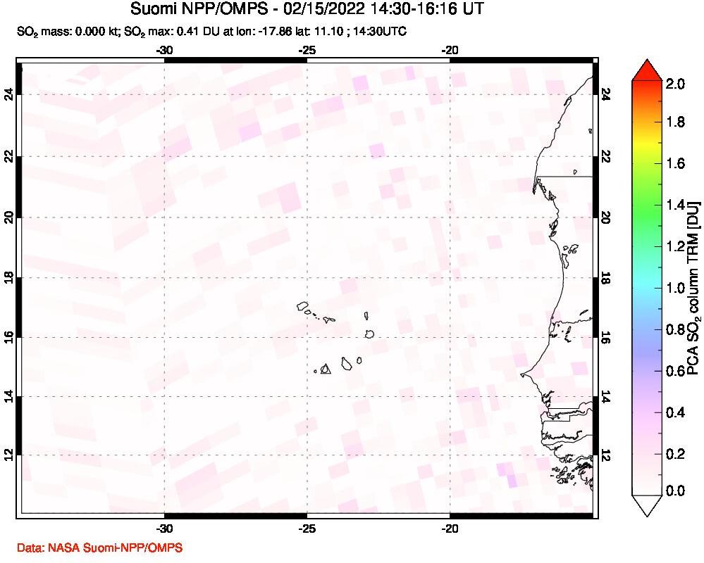 A sulfur dioxide image over Cape Verde Islands on Feb 15, 2022.