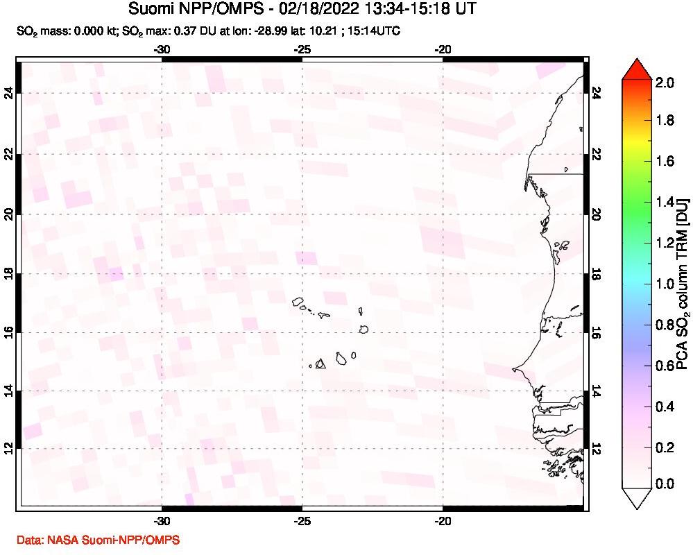 A sulfur dioxide image over Cape Verde Islands on Feb 18, 2022.