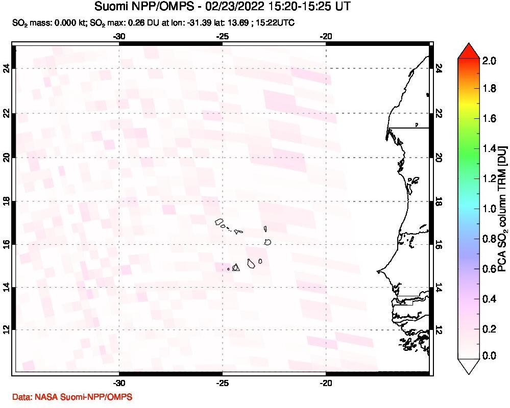 A sulfur dioxide image over Cape Verde Islands on Feb 23, 2022.