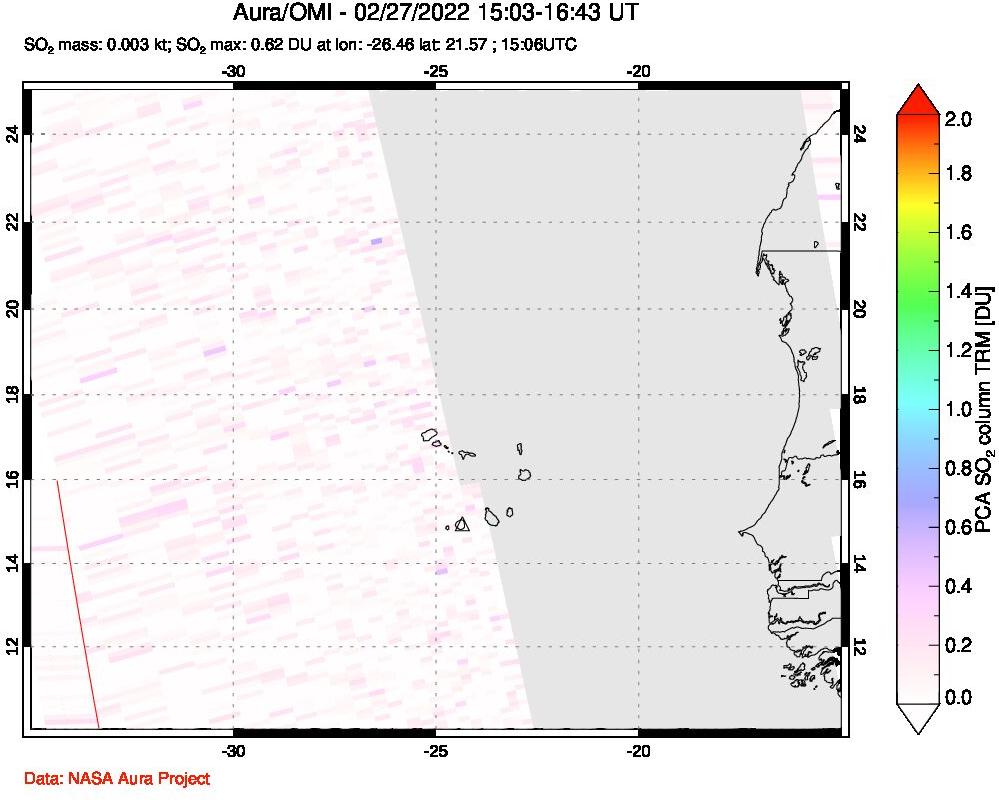 A sulfur dioxide image over Cape Verde Islands on Feb 27, 2022.