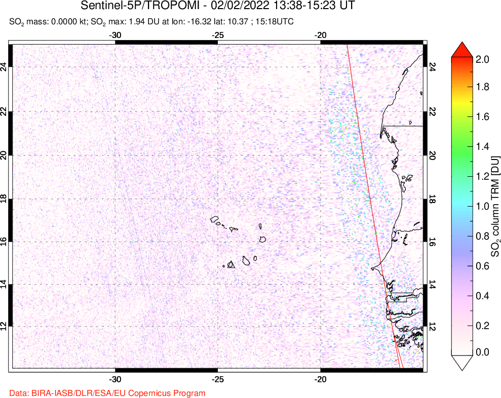 A sulfur dioxide image over Cape Verde Islands on Feb 02, 2022.