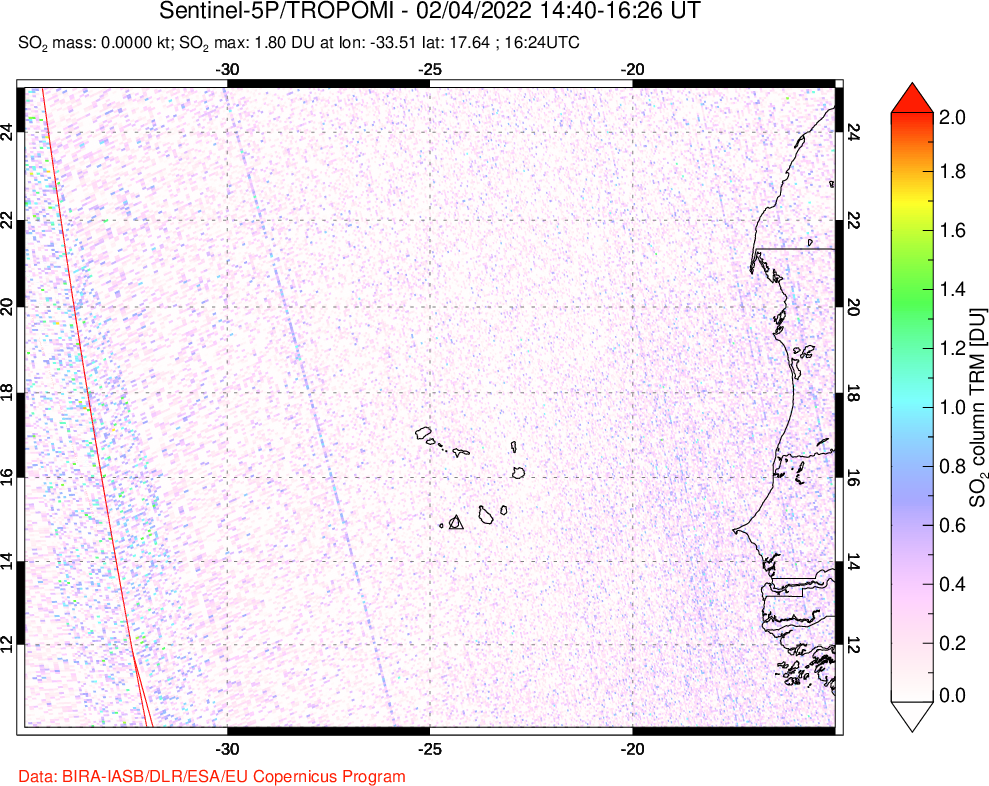 A sulfur dioxide image over Cape Verde Islands on Feb 04, 2022.
