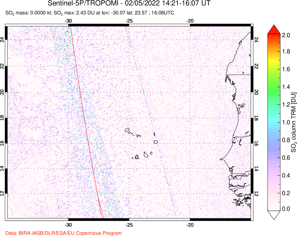 A sulfur dioxide image over Cape Verde Islands on Feb 05, 2022.