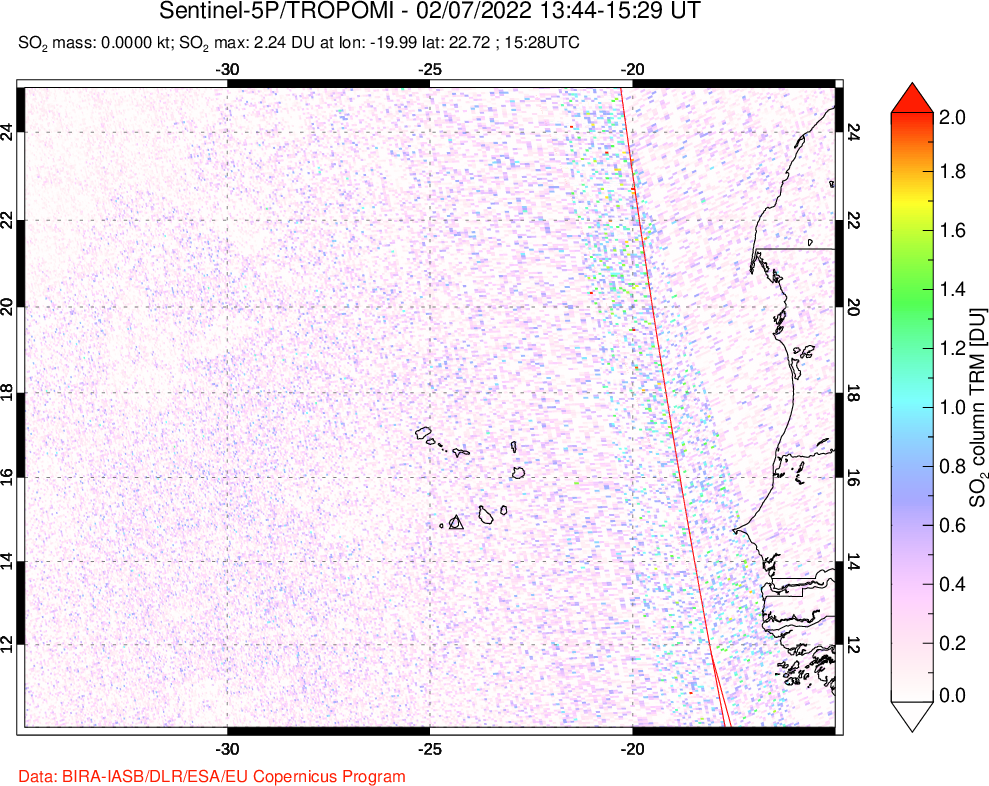 A sulfur dioxide image over Cape Verde Islands on Feb 07, 2022.