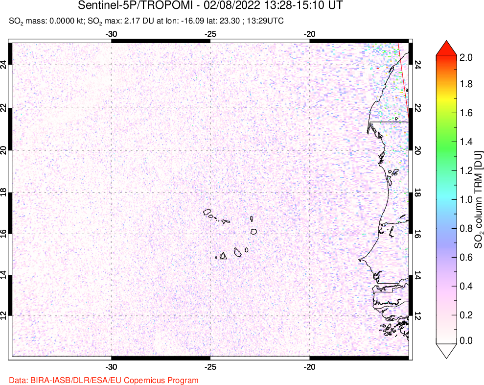 A sulfur dioxide image over Cape Verde Islands on Feb 08, 2022.