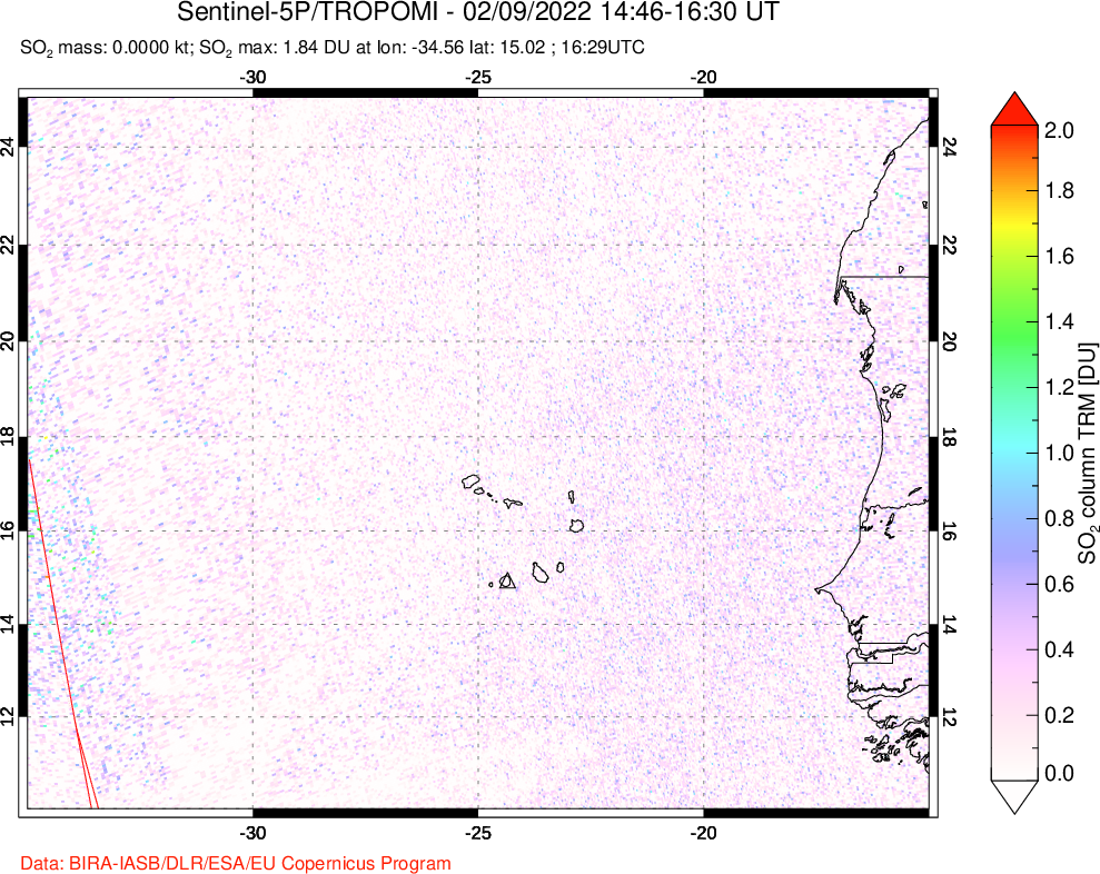 A sulfur dioxide image over Cape Verde Islands on Feb 09, 2022.
