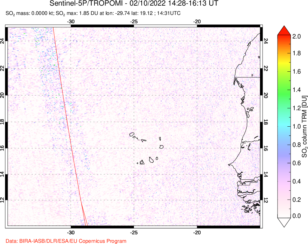 A sulfur dioxide image over Cape Verde Islands on Feb 10, 2022.