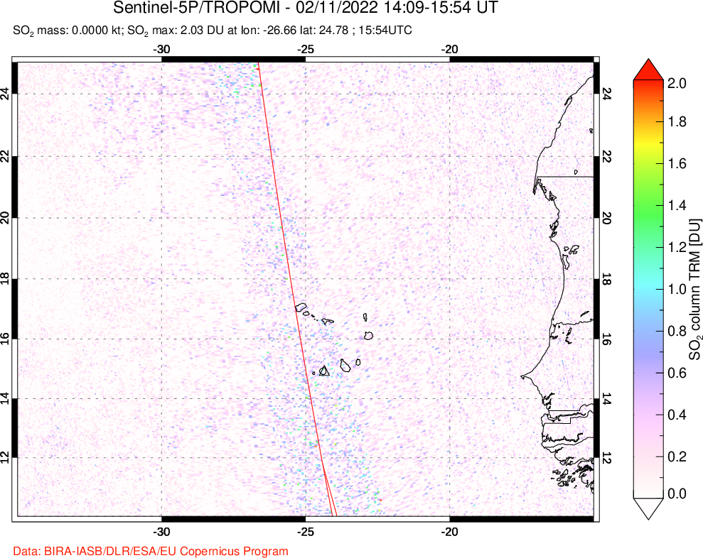 A sulfur dioxide image over Cape Verde Islands on Feb 11, 2022.