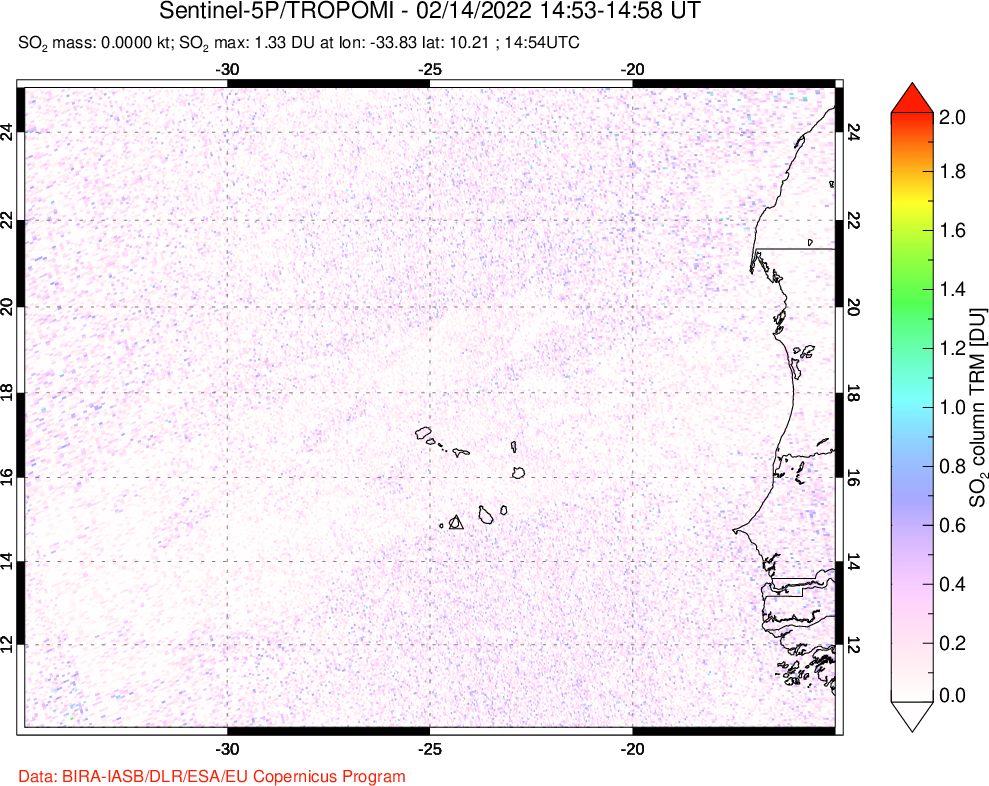A sulfur dioxide image over Cape Verde Islands on Feb 14, 2022.