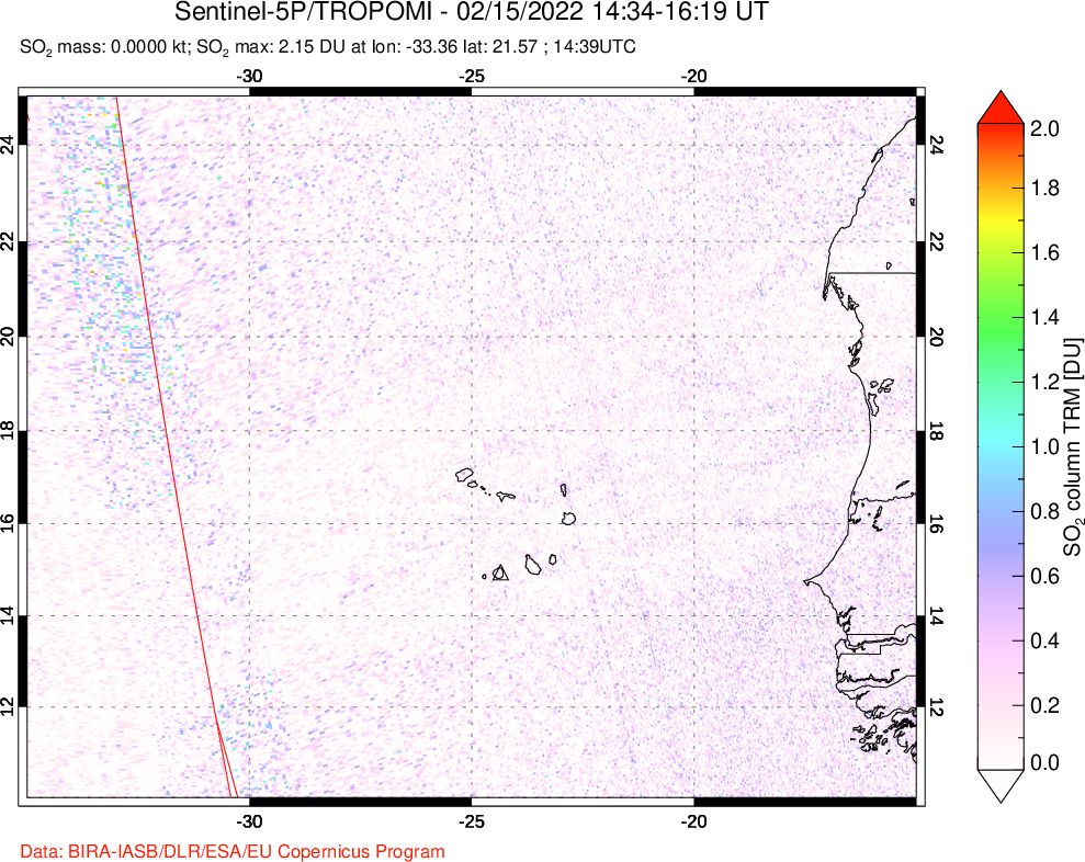 A sulfur dioxide image over Cape Verde Islands on Feb 15, 2022.