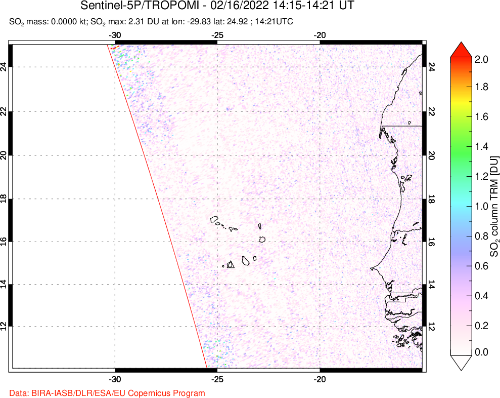 A sulfur dioxide image over Cape Verde Islands on Feb 16, 2022.