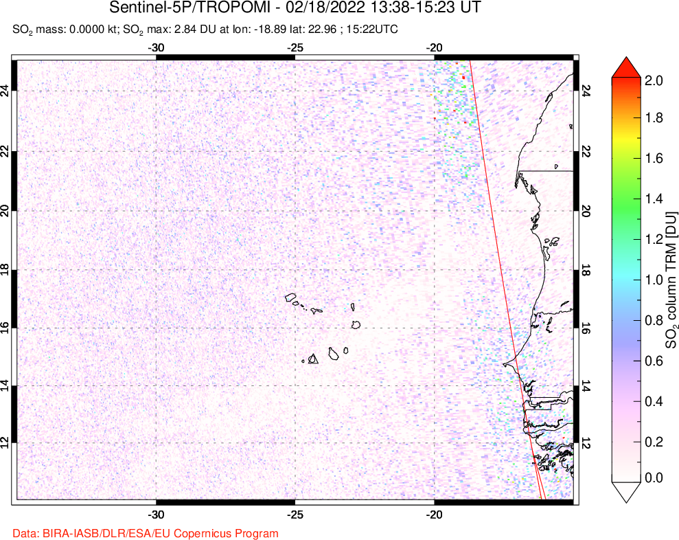 A sulfur dioxide image over Cape Verde Islands on Feb 18, 2022.