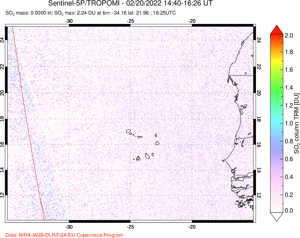 A sulfur dioxide image over Cape Verde Islands on Feb 20, 2022.
