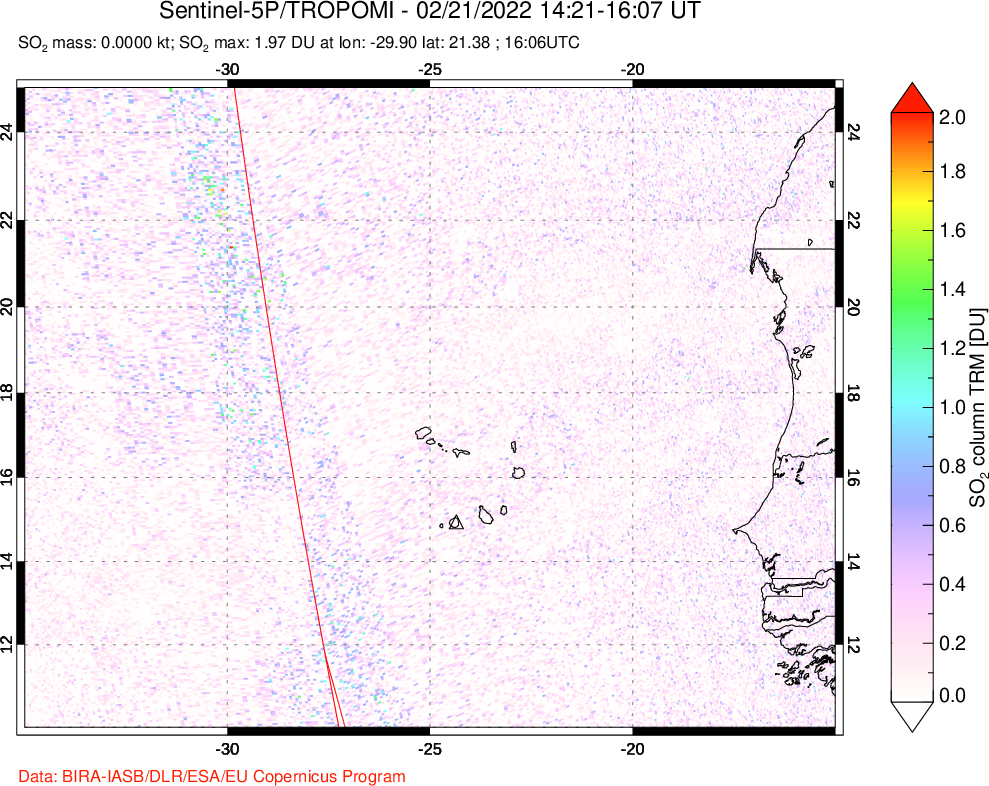 A sulfur dioxide image over Cape Verde Islands on Feb 21, 2022.