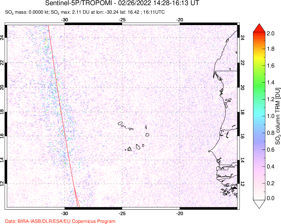 A sulfur dioxide image over Cape Verde Islands on Feb 26, 2022.
