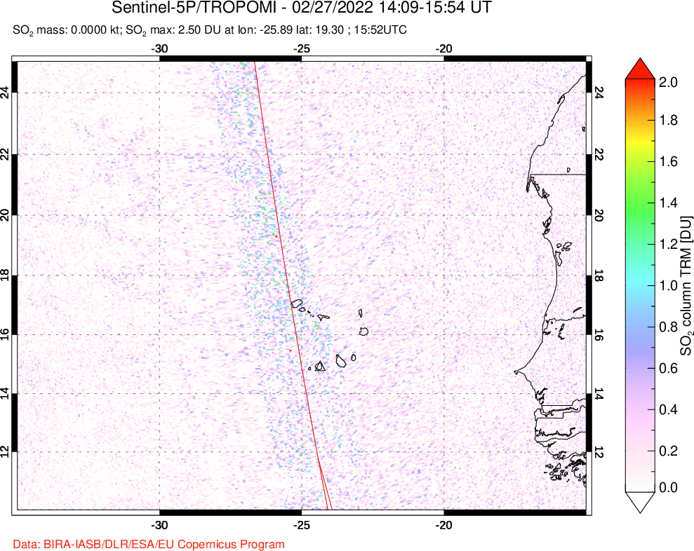 A sulfur dioxide image over Cape Verde Islands on Feb 27, 2022.