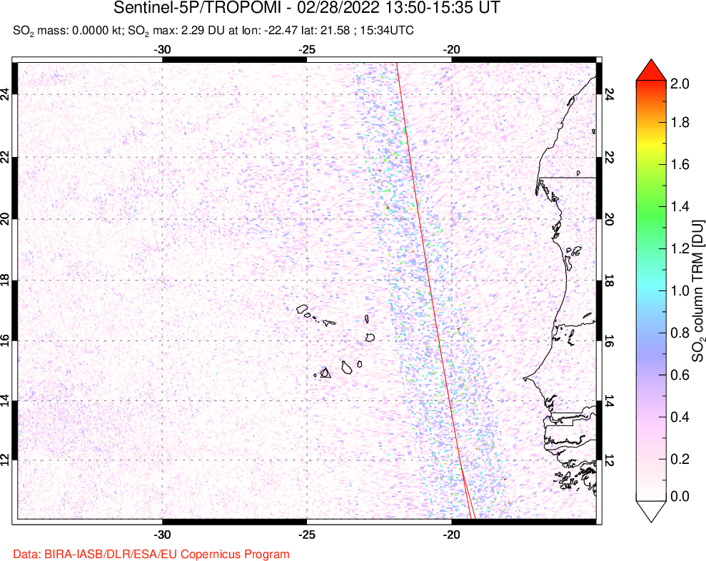 A sulfur dioxide image over Cape Verde Islands on Feb 28, 2022.