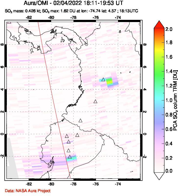 A sulfur dioxide image over Ecuador on Feb 04, 2022.