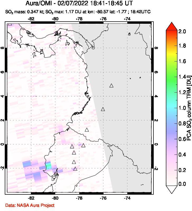 A sulfur dioxide image over Ecuador on Feb 07, 2022.
