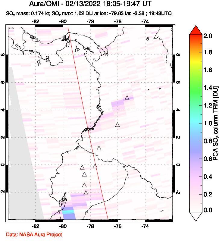 A sulfur dioxide image over Ecuador on Feb 13, 2022.