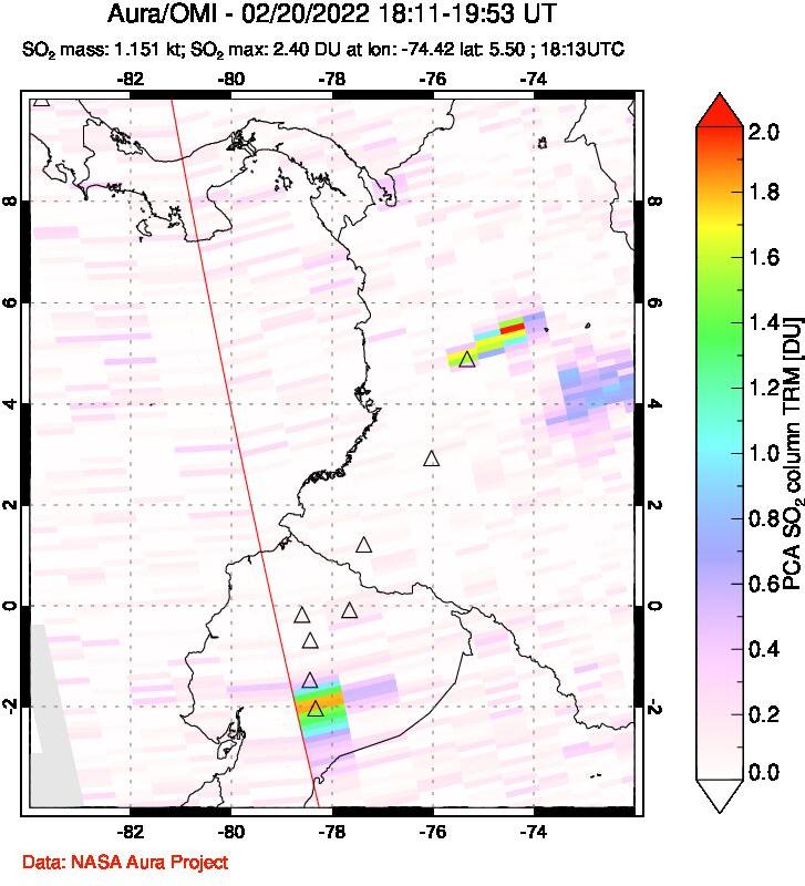 A sulfur dioxide image over Ecuador on Feb 20, 2022.