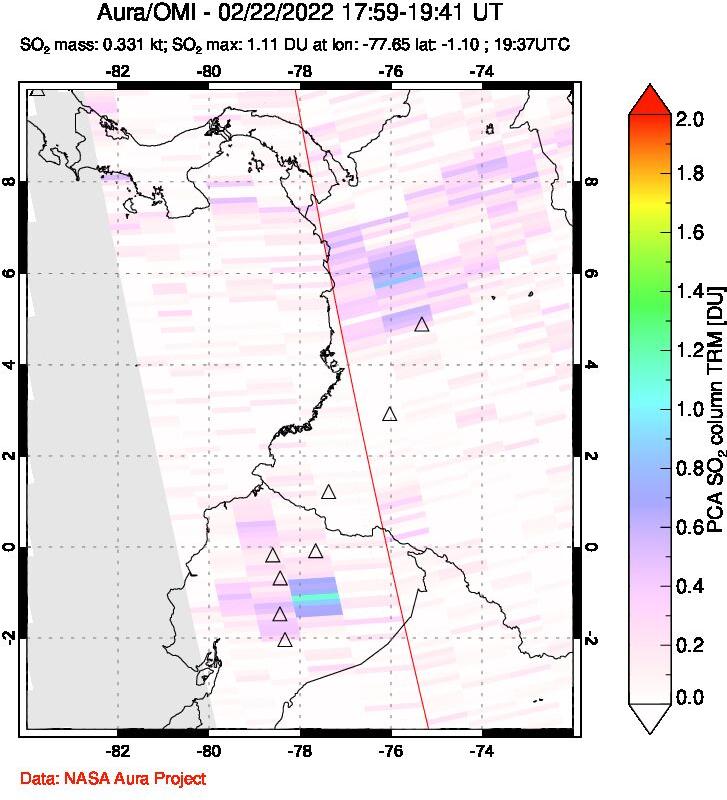 A sulfur dioxide image over Ecuador on Feb 22, 2022.