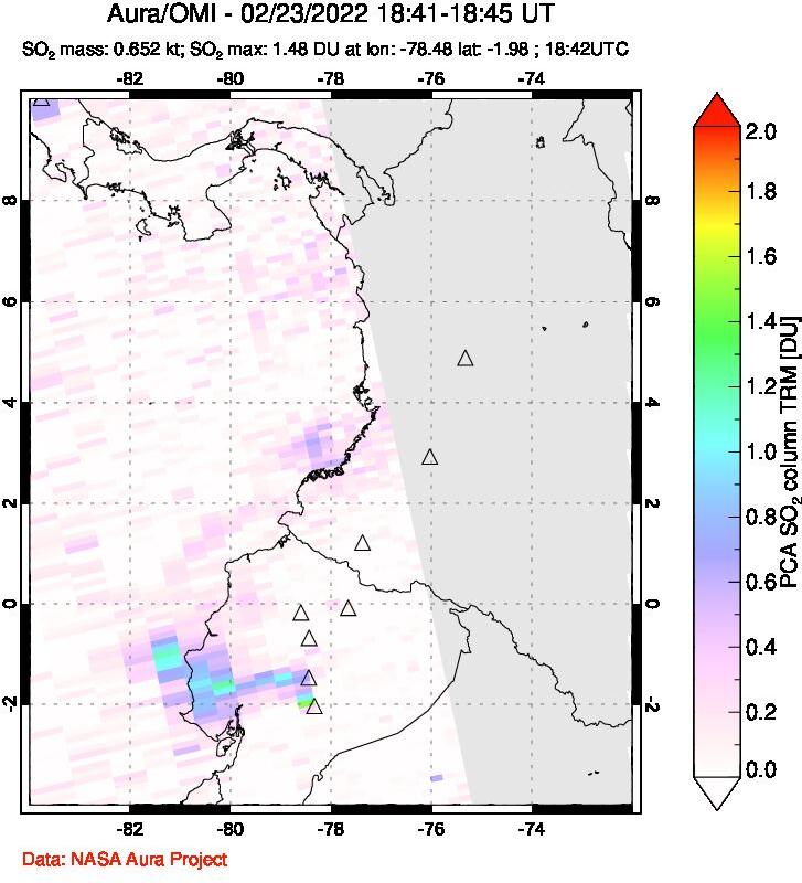 A sulfur dioxide image over Ecuador on Feb 23, 2022.