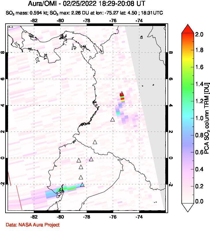 A sulfur dioxide image over Ecuador on Feb 25, 2022.