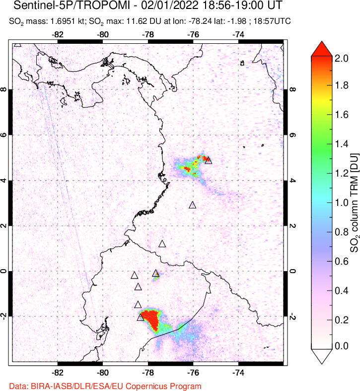 A sulfur dioxide image over Ecuador on Feb 01, 2022.