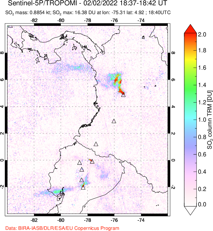 A sulfur dioxide image over Ecuador on Feb 02, 2022.