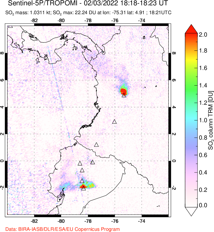 A sulfur dioxide image over Ecuador on Feb 03, 2022.