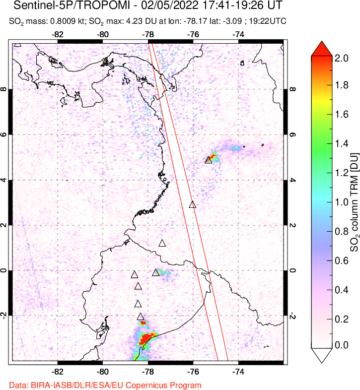 A sulfur dioxide image over Ecuador on Feb 05, 2022.