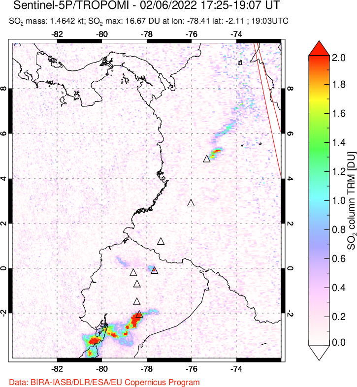 A sulfur dioxide image over Ecuador on Feb 06, 2022.