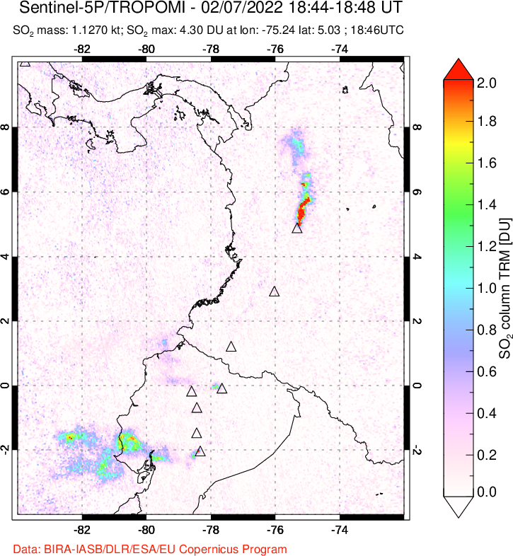 A sulfur dioxide image over Ecuador on Feb 07, 2022.